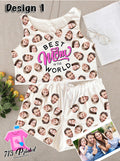 Pajama Custom Photo Mother's Day Gift Rib-knit Bow Front Cami Lounge Set